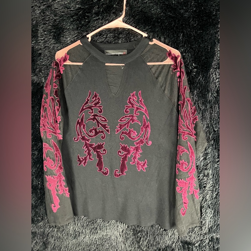 Colleen Lopez size Large women’s sheer black fabric burgundy embroidery